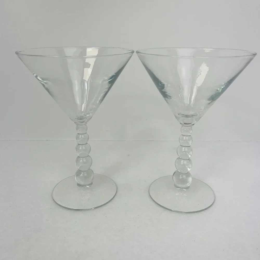 Set of 2 Clear Martini Glasses Stacked Ball Bubble Stem Cocktail Barware 7.25in
